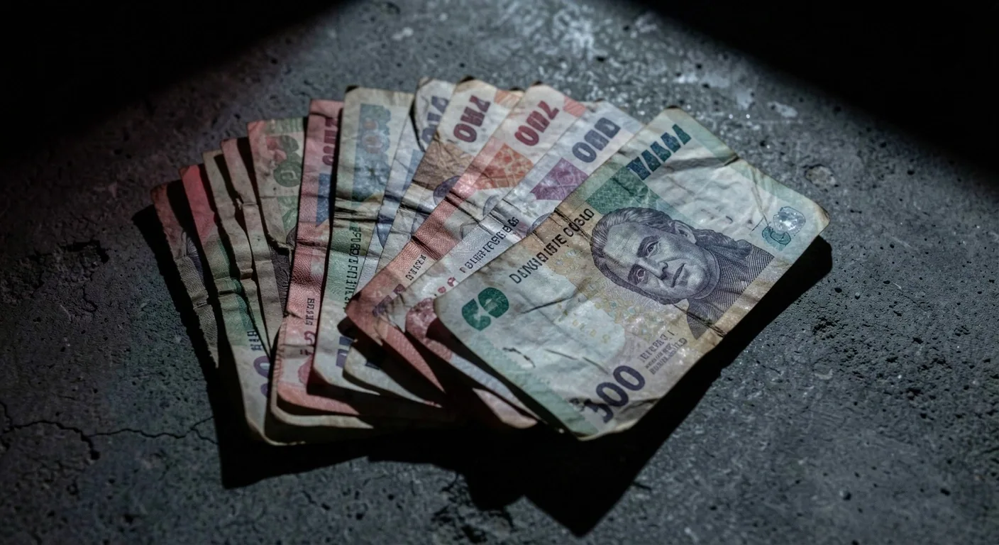 Billetes argentinos desgastados sobre hormigón