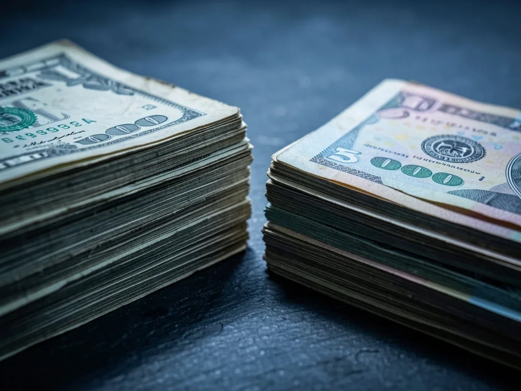 Billetes de dólar y peso argentino sobre pizarra oscura