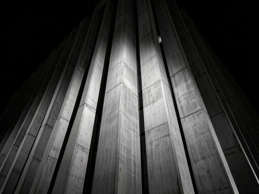 Edificio bancario brutalista de noche