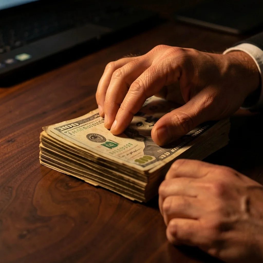 Mano contando billetes sobre escritorio oscuro
