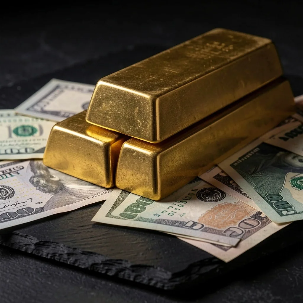 Monedas de oro junto a billetes sobre concreto negro