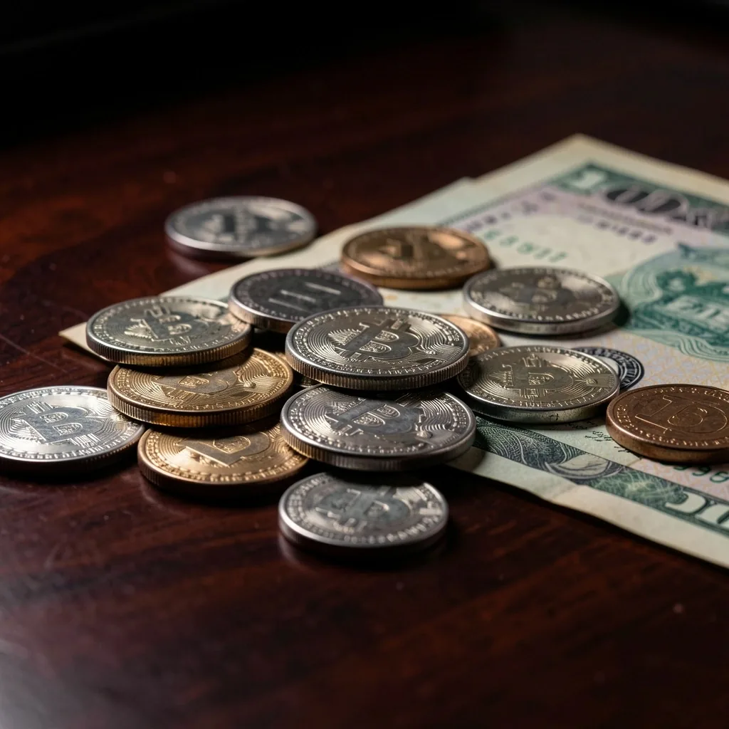 Monedas y billetes sobre superficie oscura