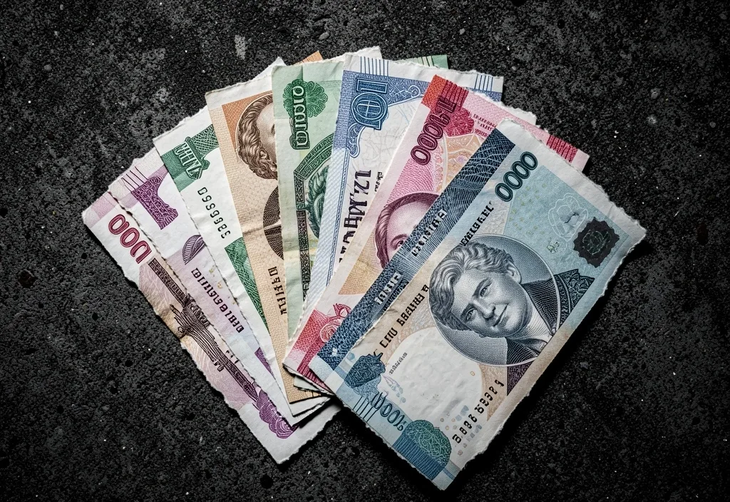 Billetes de distintas divisas sobre hormigón