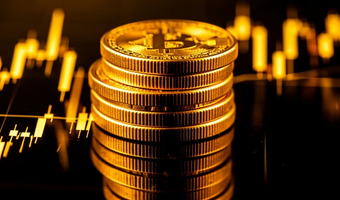 Monedas de oro y reflejos de gráfico financiero