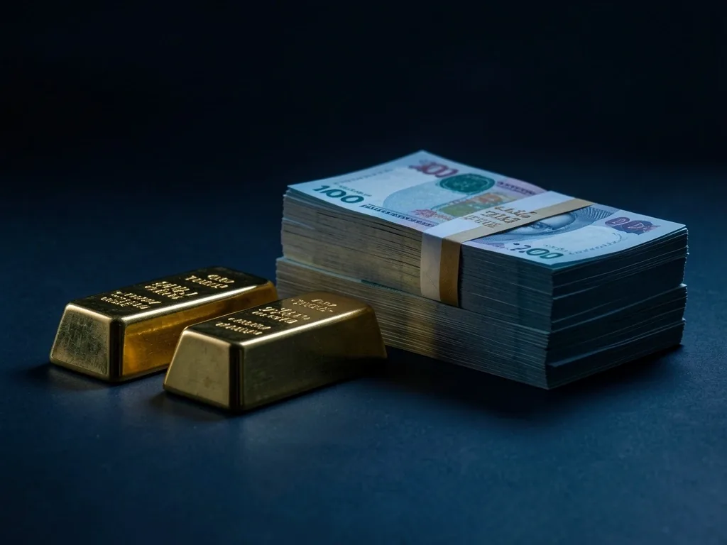Oro y billetes sobre superficie oscura