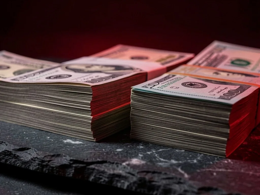 Billetes de dólar y pesos argentinos sobre superficie de piedra oscura