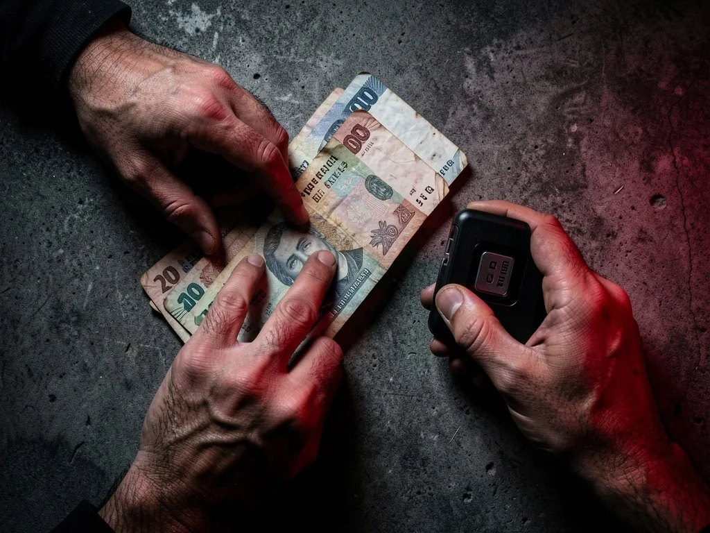 Manos colocando billetes sobre superficie de concreto junto a una billetera digital