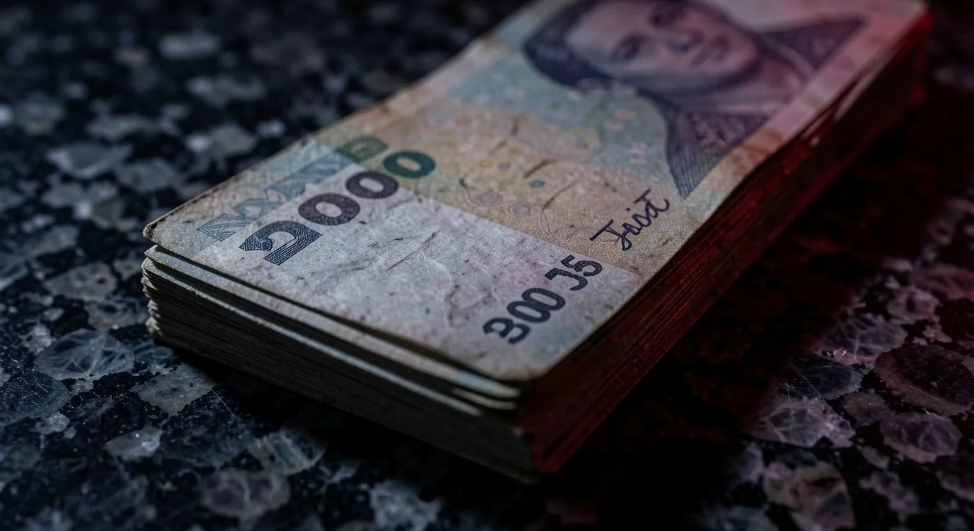 Primer plano de billetes argentinos desgastados bajo luz tenue