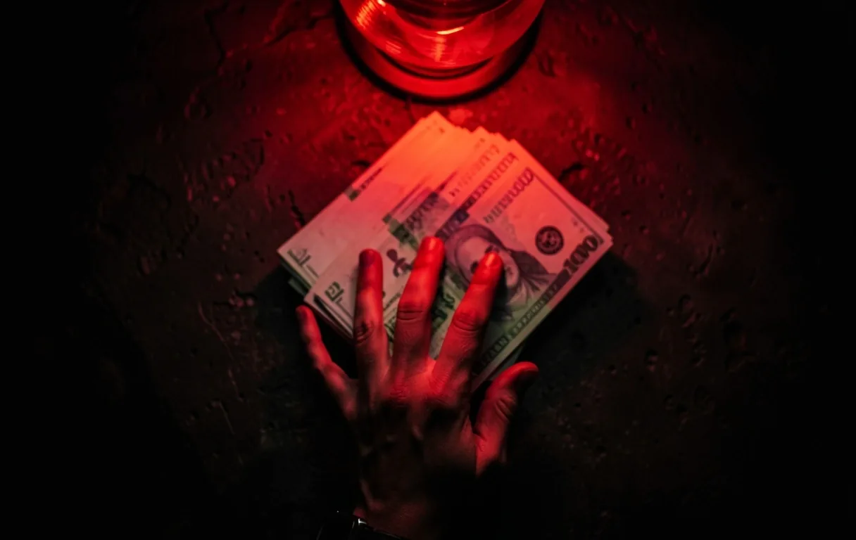 Billetes argentinos bajo luz roja de advertencia