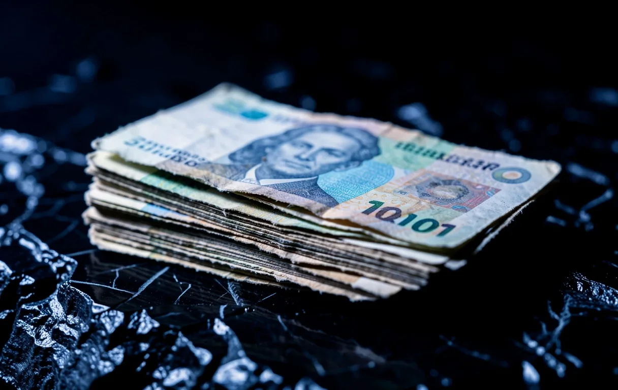 Billetes de pesos bajo iluminación de medianoche