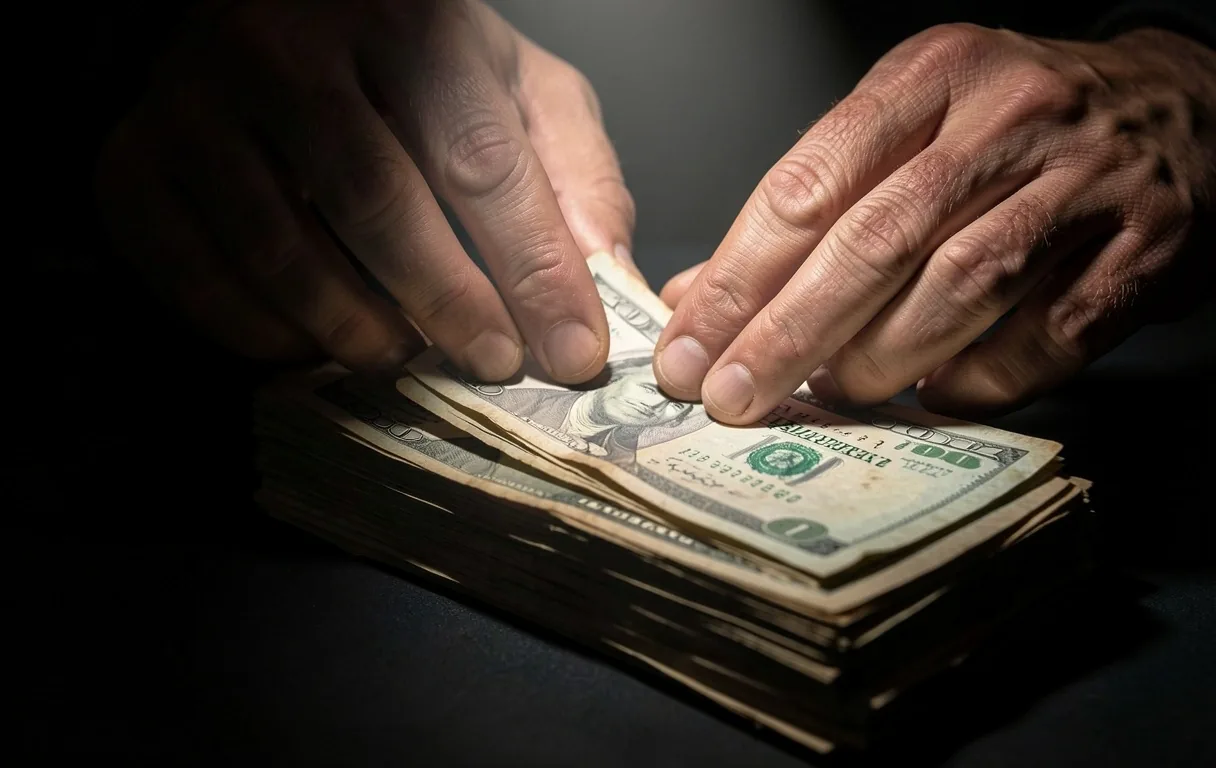 Billetes de pesos argentinos bajo luz de medianoche