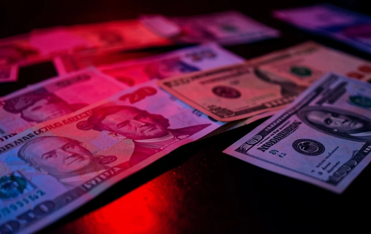 Billetes de pesos y dólares bajo luz dramática lateral