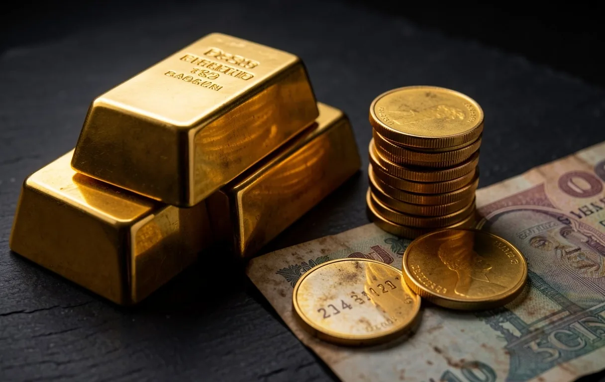 Monedas de oro junto a billetes de pesos sobre superficie oscura