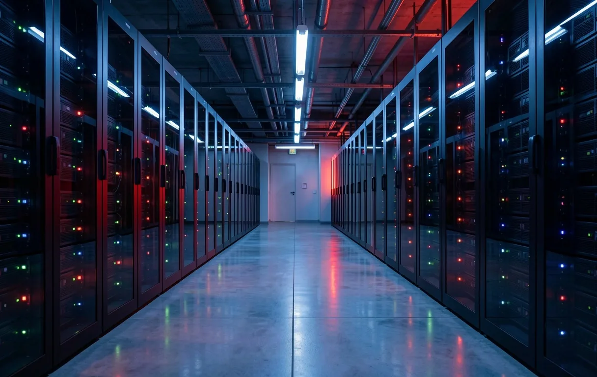 Pasillo de servidores en centro de datos oscuro