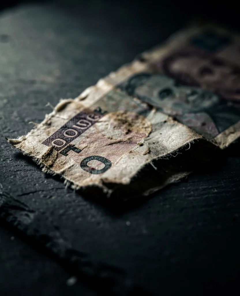 Billete argentino sostenido con iluminación dramática