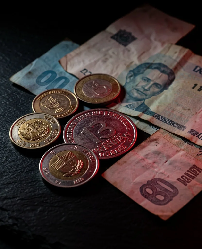 Monedas y billetes argentinos sobre superficie oscura