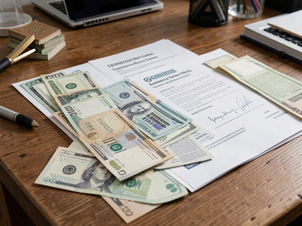 Billetes y documentos sobre escritorio