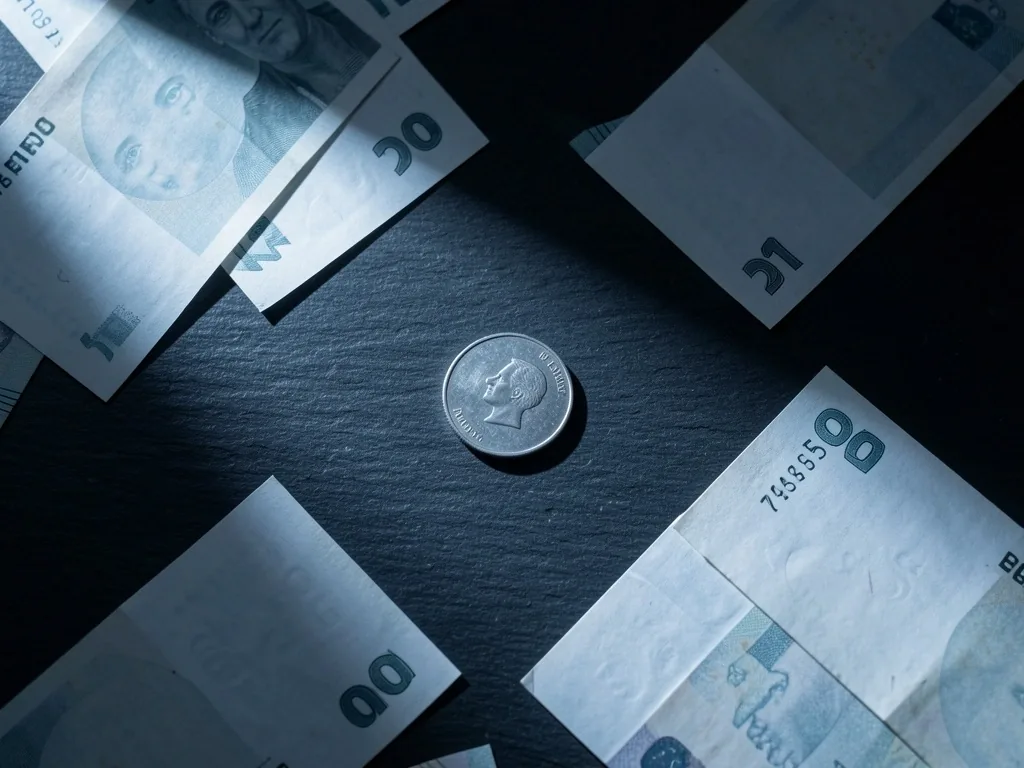 Billetes y moneda sobre superficie oscura vista desde arriba