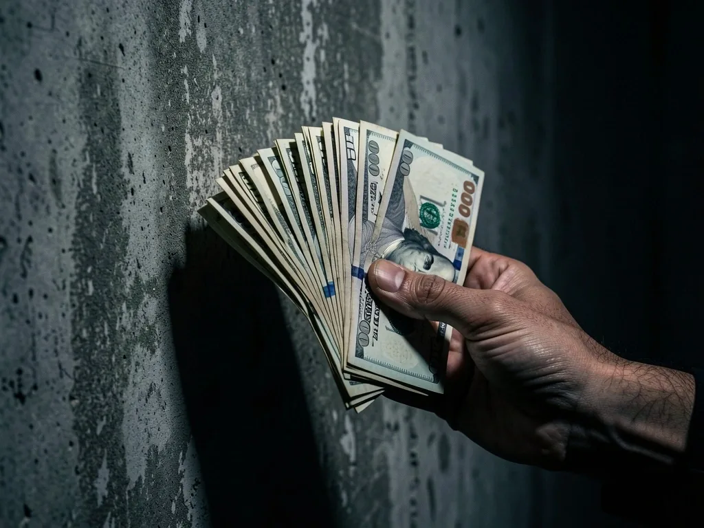 Mano sosteniendo billetes contra pared oscura