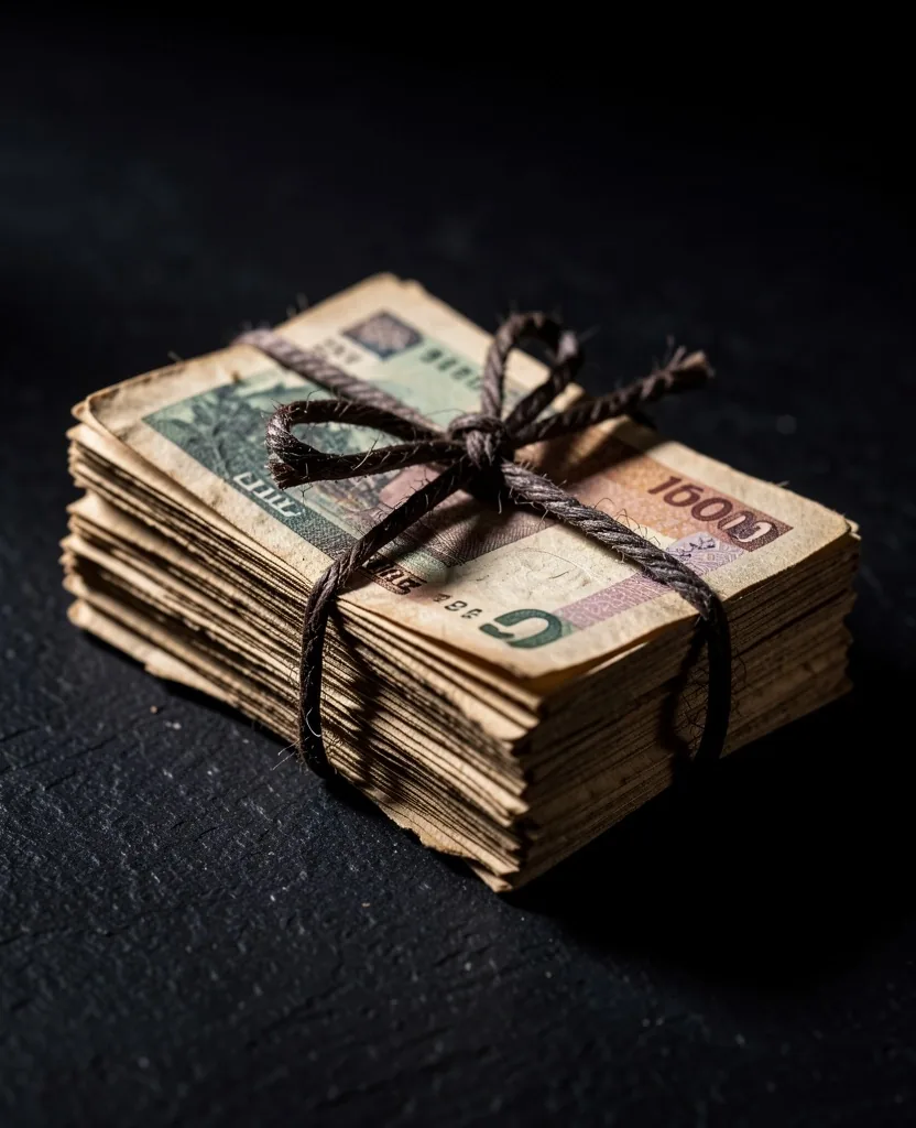 Billetes atados sobre superficie de piedra