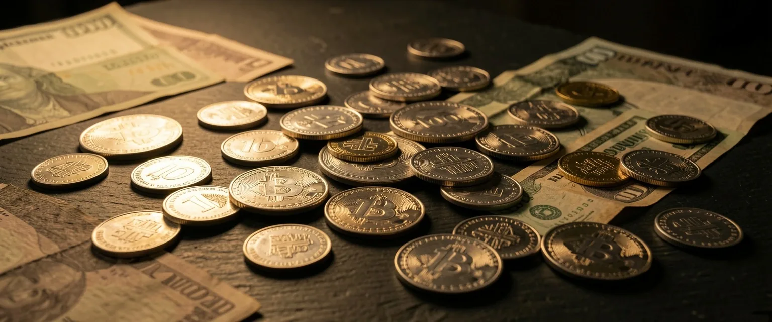 Monedas y billetes diversos sobre superficie oscura
