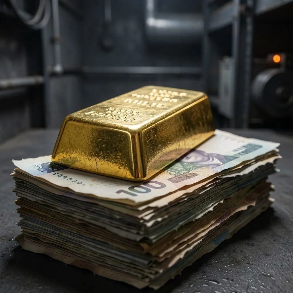Lingotes de oro junto a billetes devaluados