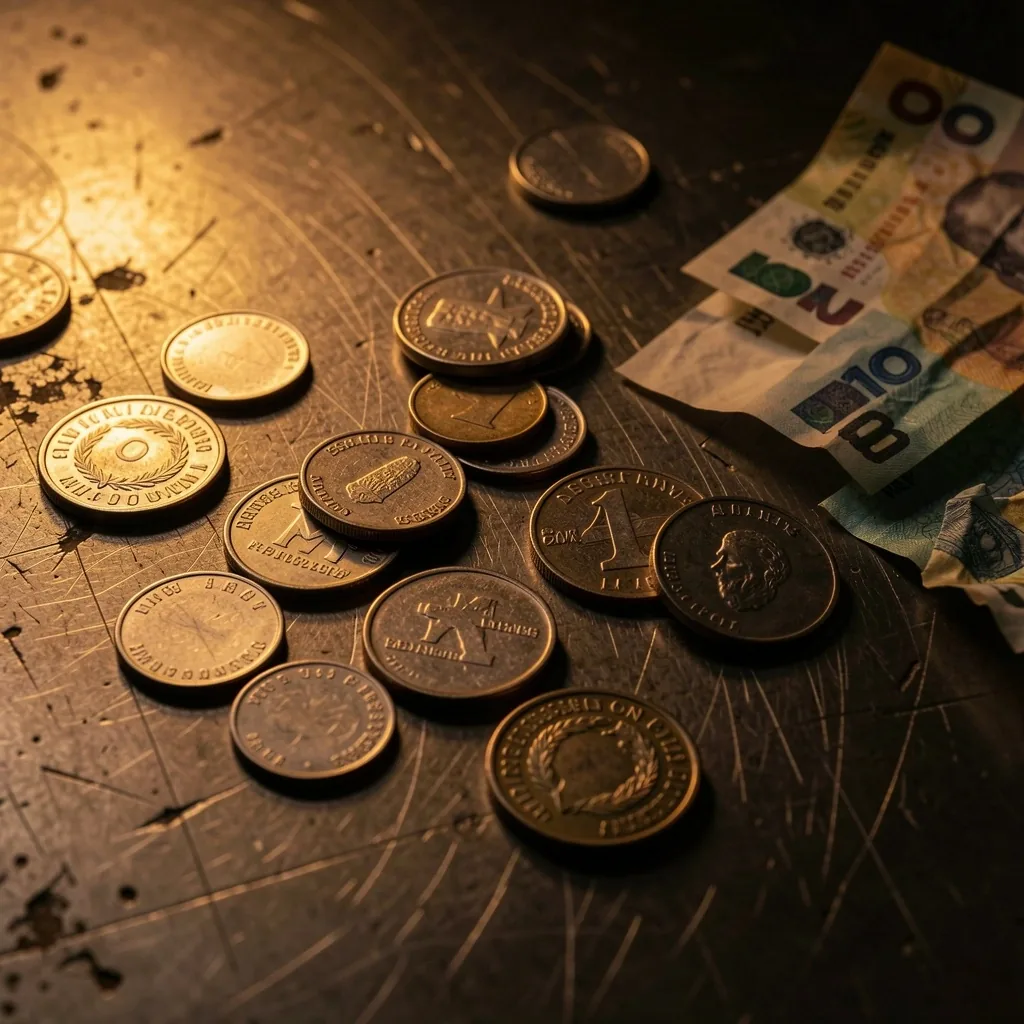 Monedas y billetes sobre metal desgastado